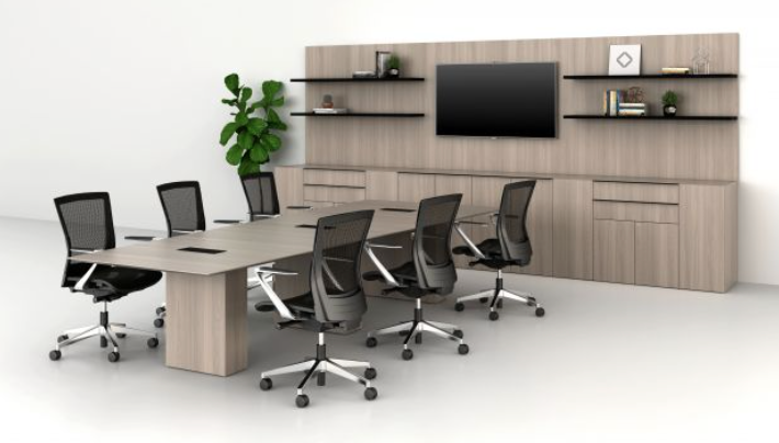Calibrate conference table with buffet, L-shelves and wall panel