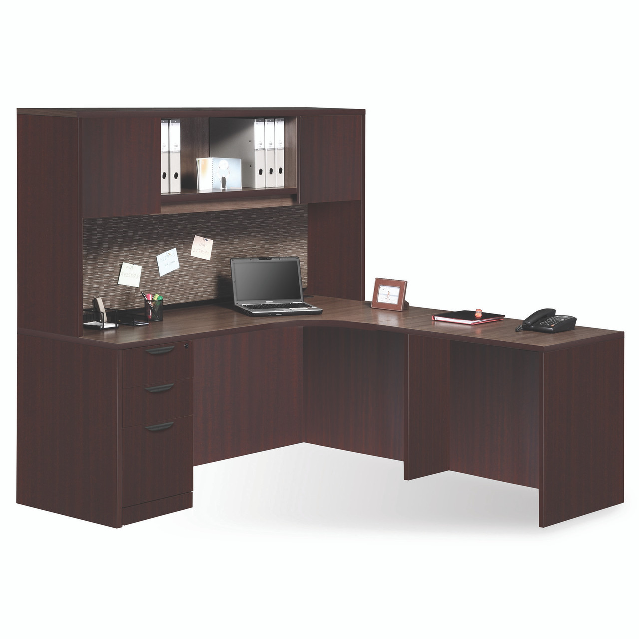Desk with Corner Extension, Return and Hutch with Laminate Doors