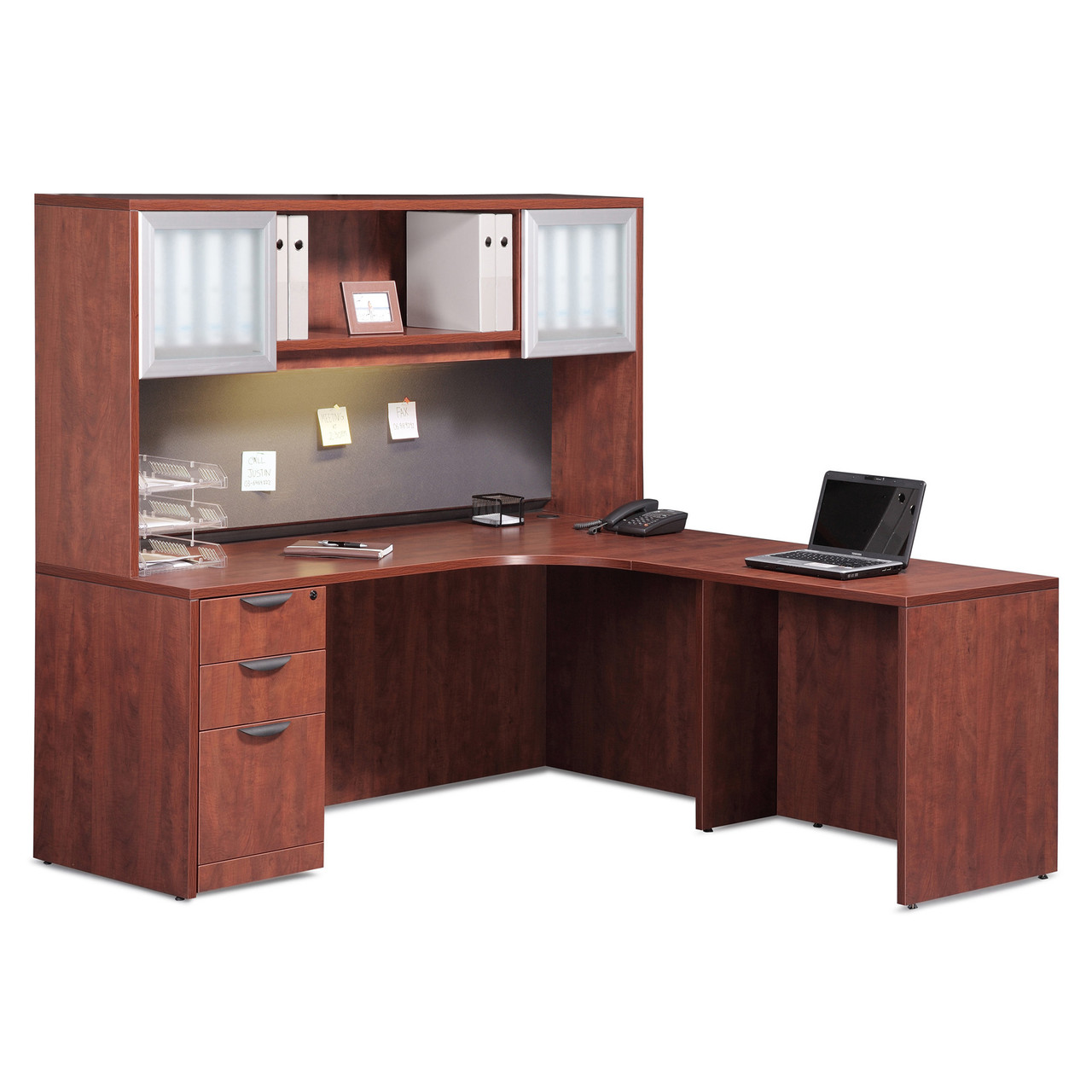 Desk w/Corner Extension, Return, Hutch w/Glass Doors
